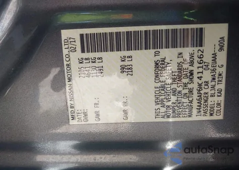 2017 Nissan Maxima 3.5 Sv из США, поврежденный, VIN 1N4AA6AP6HC411662